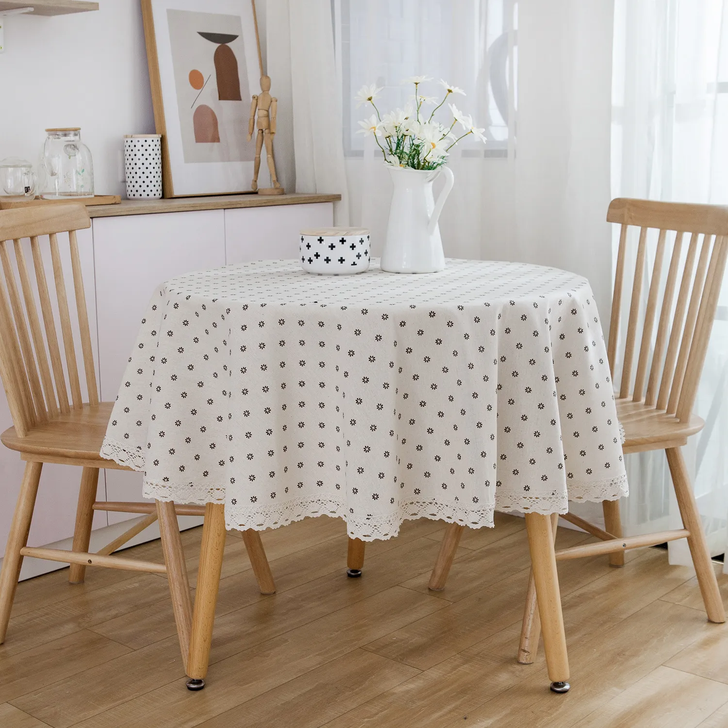 일본식 식탁보 인쇄면 및 린넨 테이블 천으로 홈 섬유 원형 테이블 커버 중공 레이스 발산