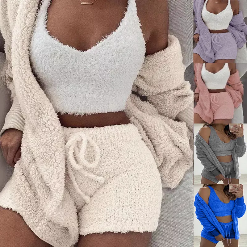 Träningsoveraller Tredelade sexiga fluffiga outfits Plysch sammet Huva kofta Shorts Crop Top Dam Träningsoverall Set Casual Sports Sweatshirt