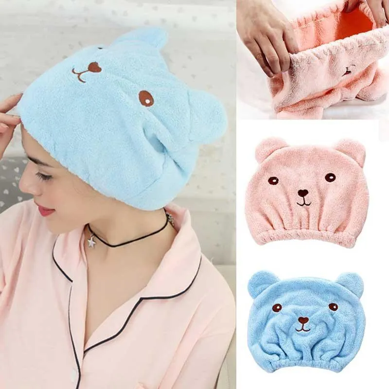 수건 Lovely Bear Microfiber 헤어 건조 캡 욕실 타월 액세서리 세트 빠르게 마른 샤워 모자 포장