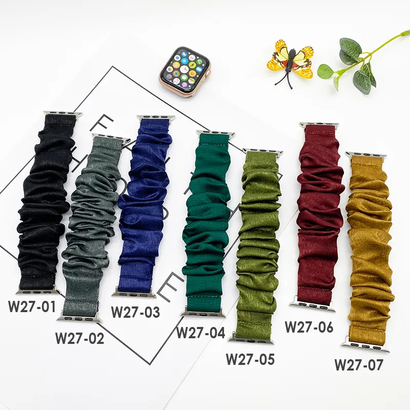 Ren färg Satin Scrunchie Elastic Watchband Case Cover Band för Apple Watch Band Serie 7 45mm 41mm 6 5 4 3 38mm 40mm 42mm 44mm