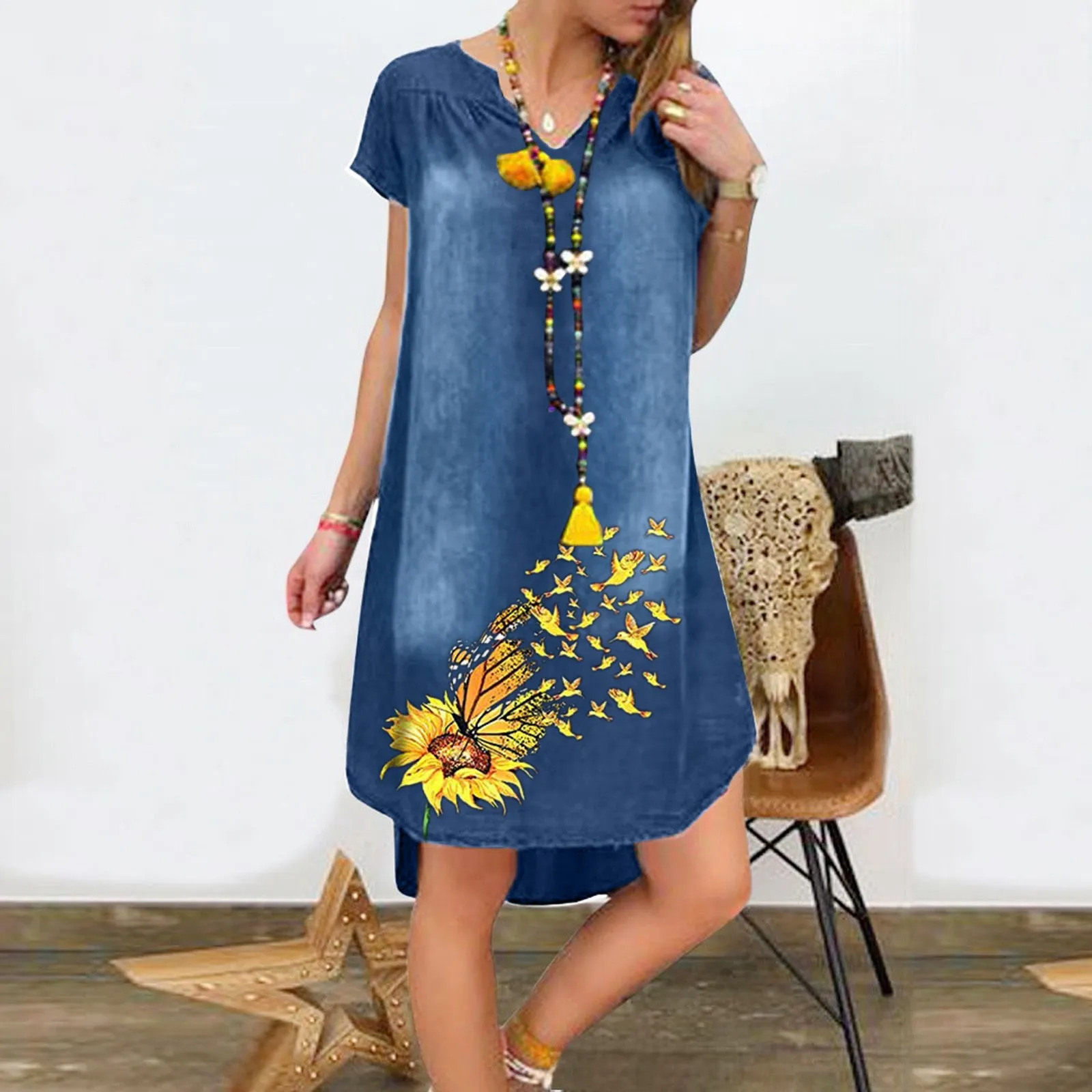 40# Vintage Denim Dress Floral Printed Straight Dress Casual V Neck Short Sleeve Knee Length Dress Plus Size Women Clothing for Womens