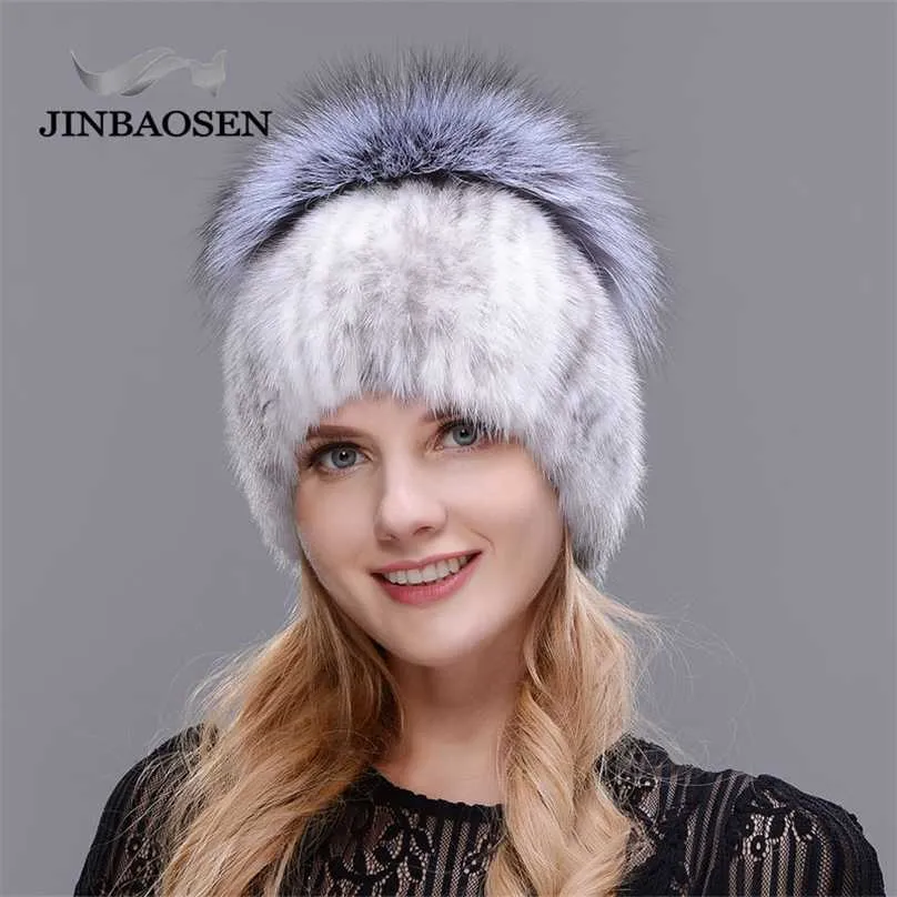 Jinbaosenロシア風冬の女性の毛皮の帽子ミンクプラスステッチニットライナースキー211119