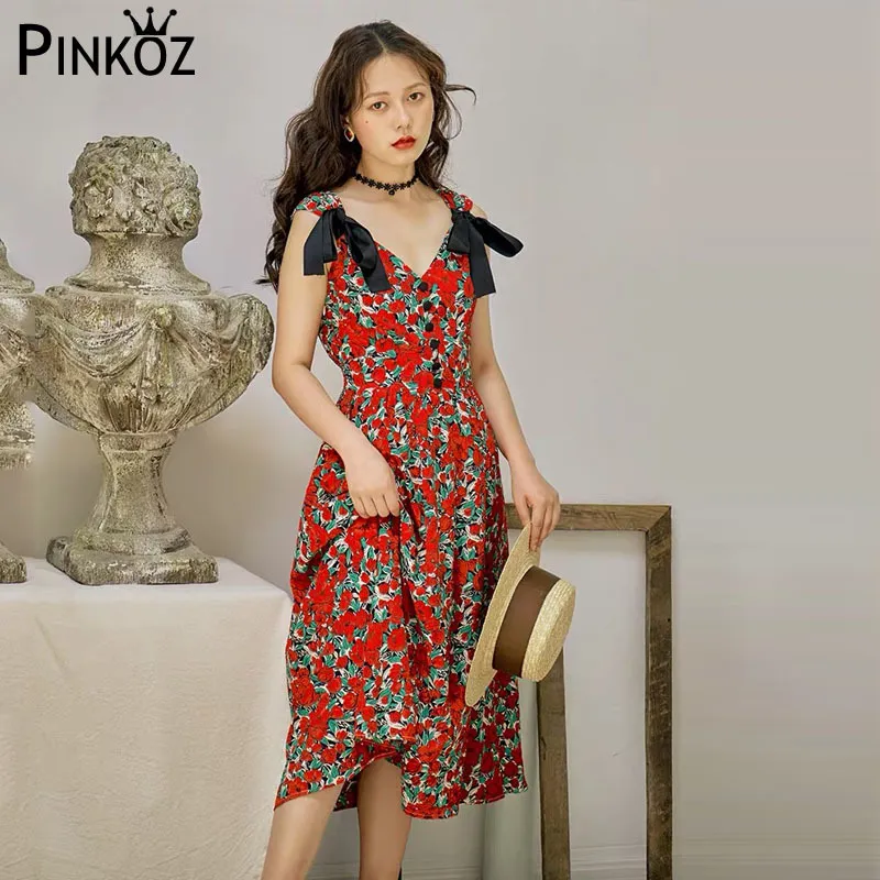Vintage sötrosa blomma tryckt v-hals singelbröst klänning sommar kvinnor spets upp båge strapless robe vestidos 210421