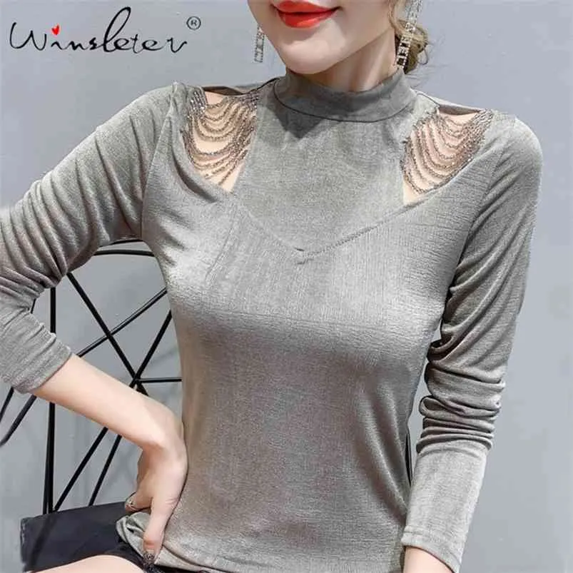 Camiseta de diseño Mujer Diamantes Rebordear Fuera del hombro Ahueca hacia fuera Camiseta de algodón Cuello simulado Manga larga Primavera Tops T02409B 210421