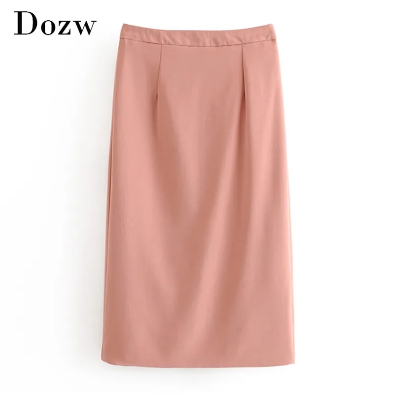 Solid Elegant Straight Skirt Women High Waist Work Office Female Side Split Knee Length s Femme Jupes 210515