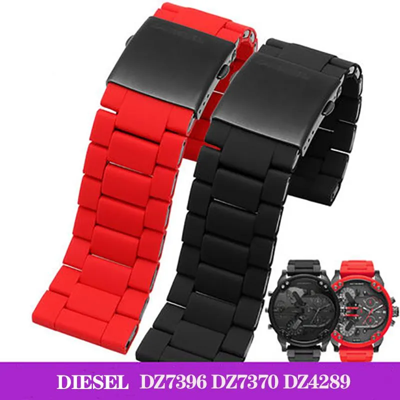 Bracelets de montres Bracelet de montre en acier inoxydable en caoutchouc de silicone pour hommes étanche pour DZ7370 DZ7396 DZ4289 Bracelet à boucle pliante Noir 28mm
