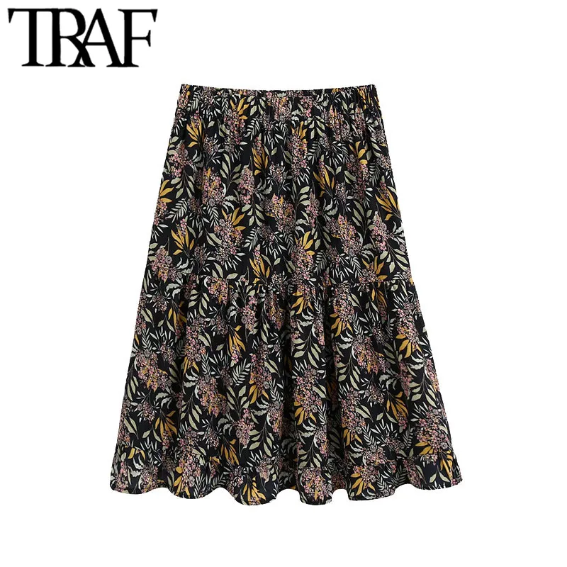 Traf Women Chic Fashion Floral Print Ruffled Mini kjol Vintage Hög elastisk midja med foder kvinnliga kjolar Mujer 210415