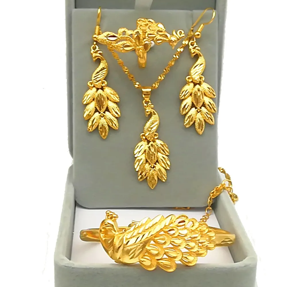 Павлин ювелирные изделия для ювелирных изделий Подвеска + кольцо + серьги + браслеты женские 18K желтое золото заполнено этническое стиль свадебный подарок