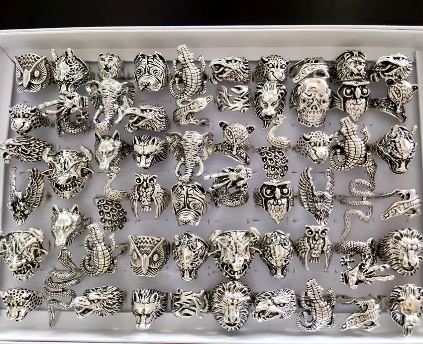 Wholesale Lot 30 Multi-Style Animal Rings – Vintage Punk Men/Women Alloy Jewelry – Mix Sizes