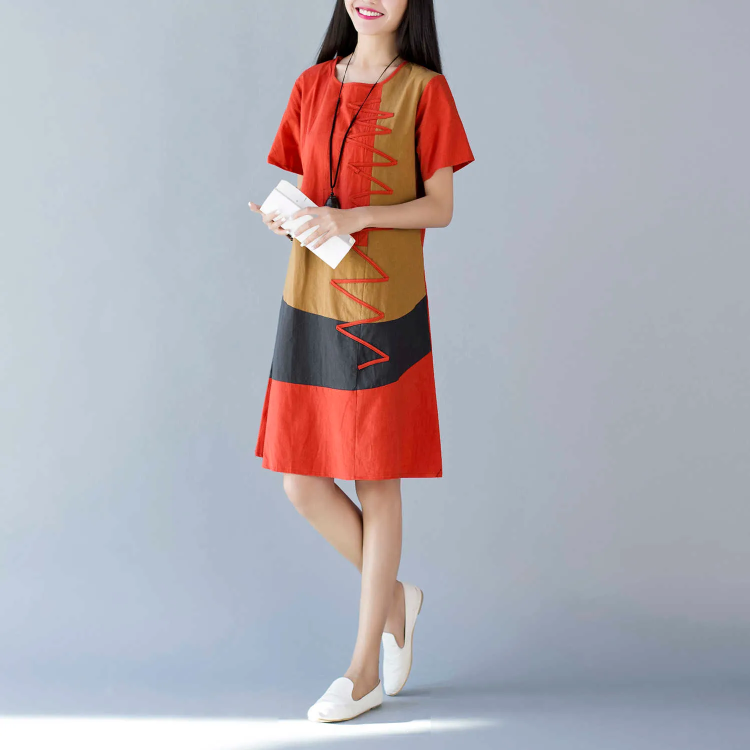 Summer Colorblock Cotton and Linen Mid-length midi dress with sleeves for Women - Plus Size, Loose Fit ( 3582-50) Summer Colorblock Cotton and Linen Mid-length midi dress with sleeves for Women - Plus Size, Loose Fit ( 3582-50)