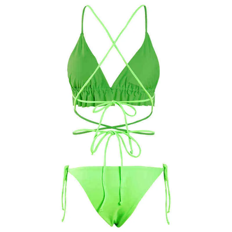 Sexy String Micro Bikini Set 2022 Ruffles Swimsuit Female Neon Green