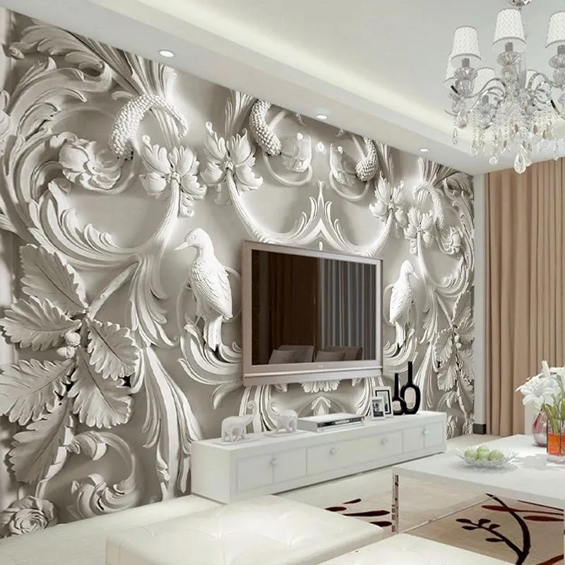 壁紙カスタム任意のサイズの壁画白い古典的なヨーロッパエンボス加工3Dステレオリビングルームテレビの背景自己接着壁紙防水