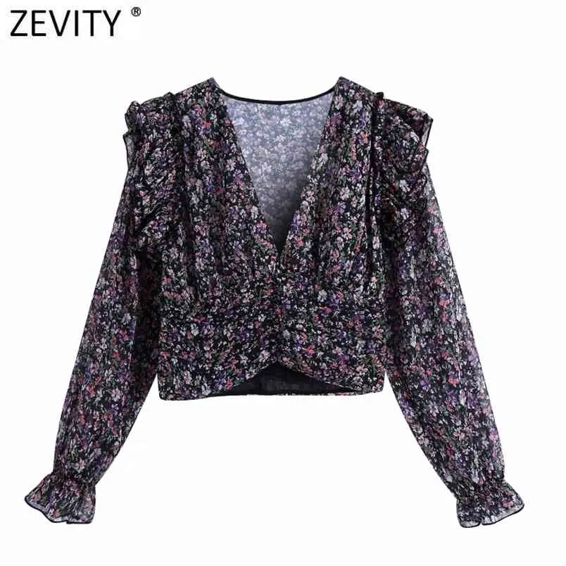 Kobiety Vintage V Neck Floral Print Szyfonowy Smock Bluzka Office Lady Cascading Wzburzyć Krótkie koszule Chic Blusas Topy LS7409 210420