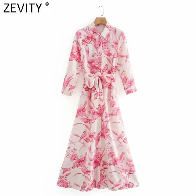 Kobiety Vintage Ptaki Kwiat Drukuj Koszula Sukienka Office Lady Trzy Dzielnica Rękaw Kręty Sashes Casual Midi Vestidos DS8250 210420