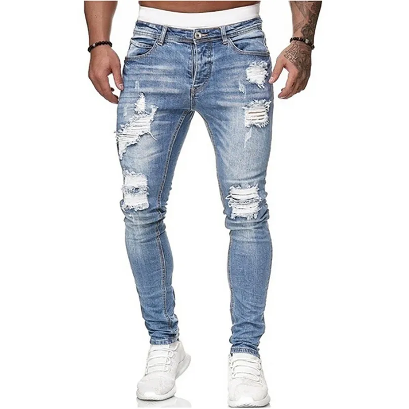 Осенняя мода уличный стиль разорванные джинсы мужчины старинные сплошные джинсовые брюки мужские повседневные тонкие джинские брюки уличная одежда хипстер 211008