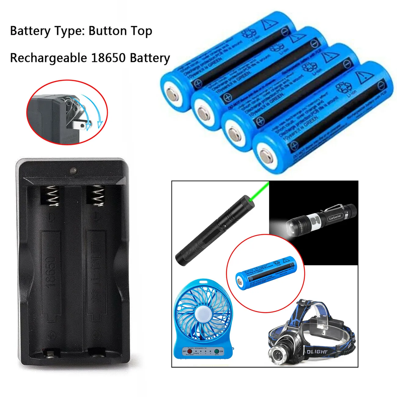 Batteria ricaricabile agli ioni di litio da 4 pezzi 3000mAh 3.7v BRC 11.1W per penna laser torcia frontale + 1 caricatore doppio 18650