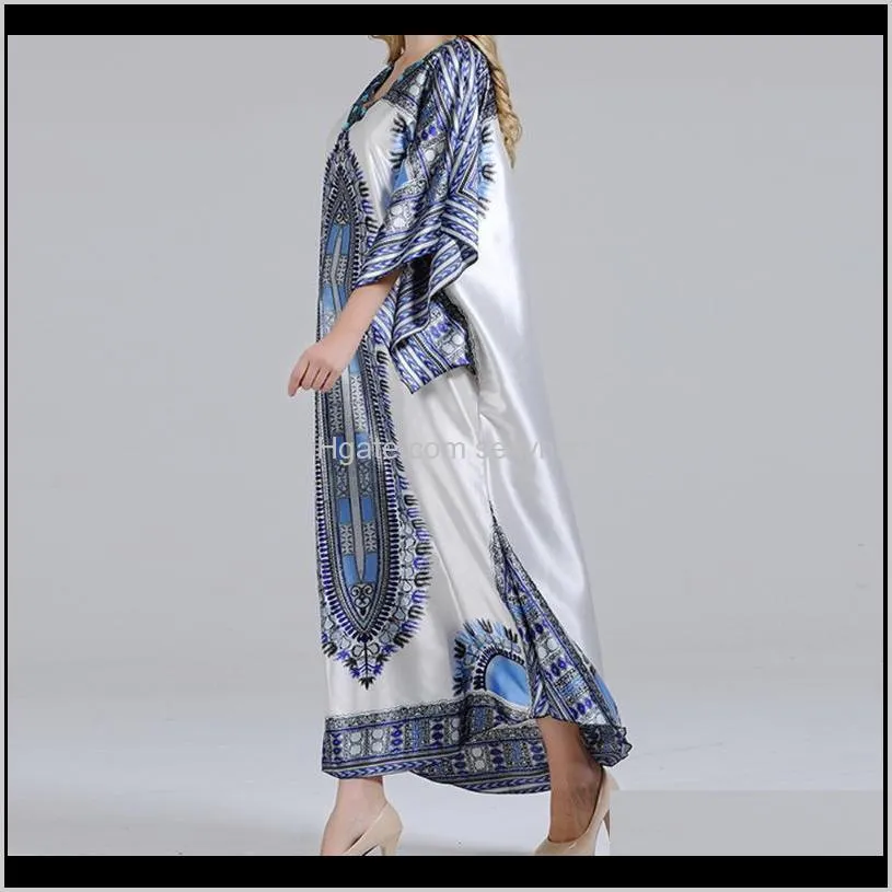 dresses for women african clothing bohe style v-neck loose pullover blue pattern printed for daily casual dress dashiki