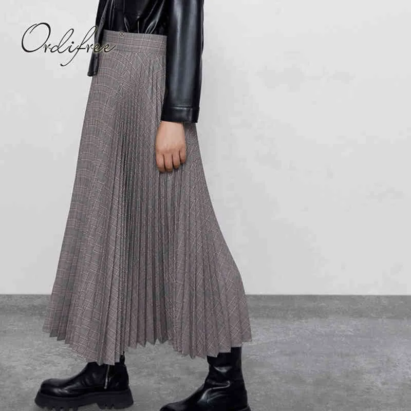 Mulheres verão xadrez de cintura alta moda streetwear vintage plissado maxi saia 210415
