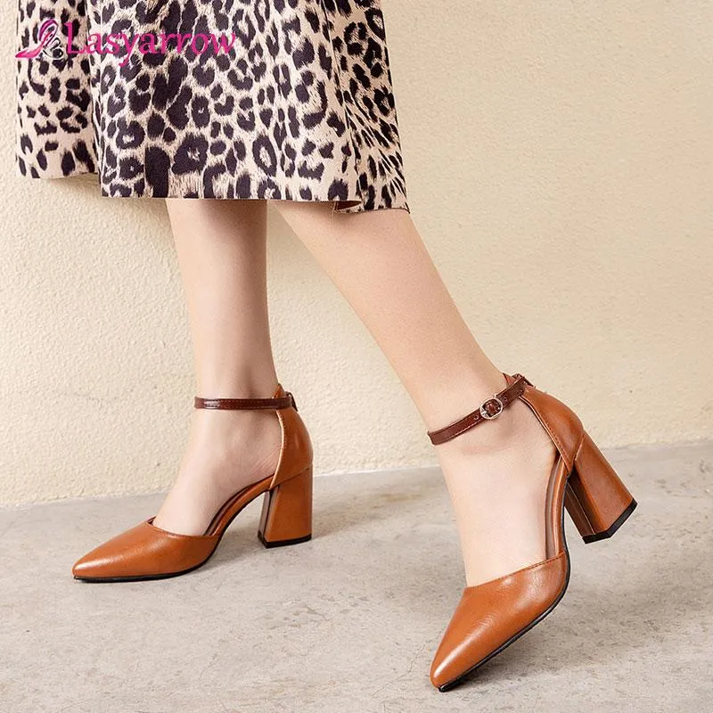 Dress Shoes Lasyarrow Large Size 34-46 Buckle Strap Pumps Women Pointed Toe Thick High Heels Spring Summer Ladies Wedding