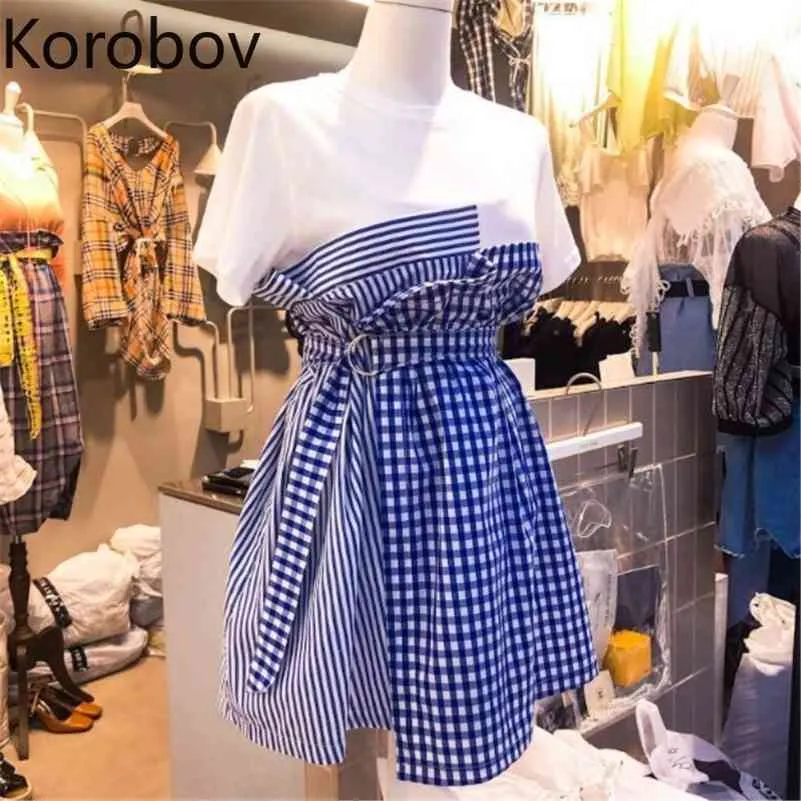 Korobov hajuku slog färg patchwork kvinnor klänning koreanska streetwear höga midja kvinnliga klänningar o nacke kortärmad vestidos 210430