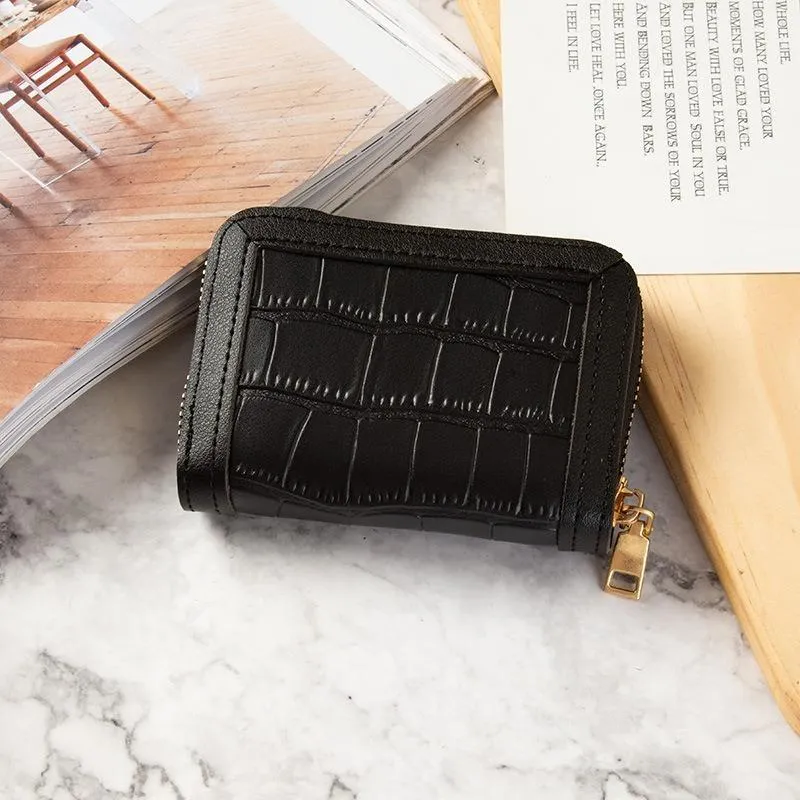 Karteninhaber Frauen Mode Leder Schwarz Kleine Brieftaschen Messenger Bag Kurze Brieftasche für Steinkorn Mosaik Farbe Frau Damen