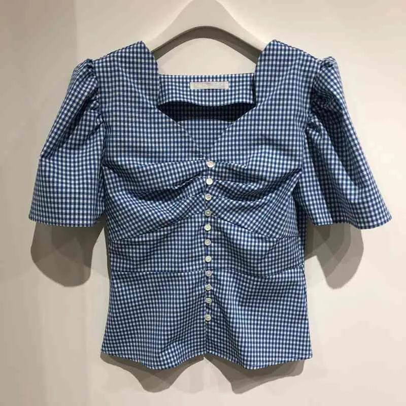 Fresh Summer Plaid Shirt Women Short Blouses Korean Fashion Puff Short Sleeve Women Crop Tops Camisas Mujer 210514