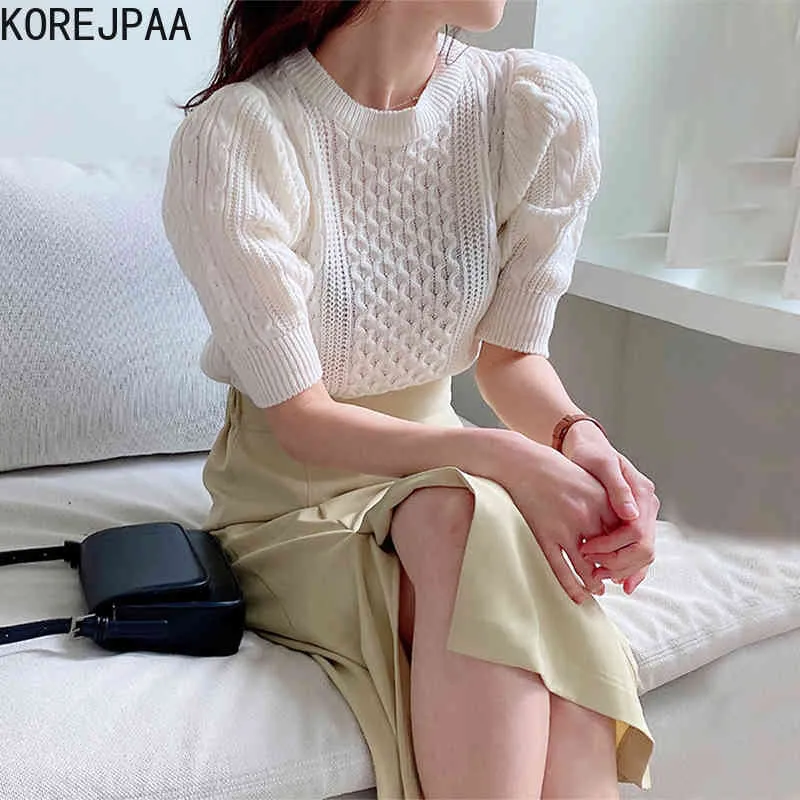 Mulheres Vestido Conjuntos Coréia Chic Rodada Pescoço Padrão Bubble Sleever Sweater + Cintura Alta Saia de Slit Retos Fato 210514