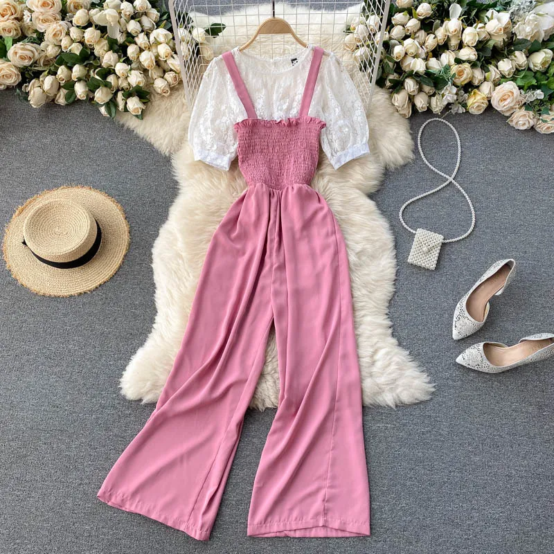 Singreiny Kobiety Summer College Style Garnitury Rękaw Puff O Neck Koronki Topy + Elastyczna Pasek Ruched Szeroki Pani nóg Dwuczęściowy zestaw 210419