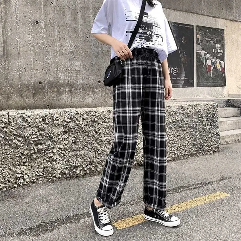 Houzhou Koreański styl Szerokie spodnie do nóg Kobiety Cienkie lato Platformy Spodnie Plus Size Women Spodnie Oversized Checkered Spodnie Wysoka talia 211112