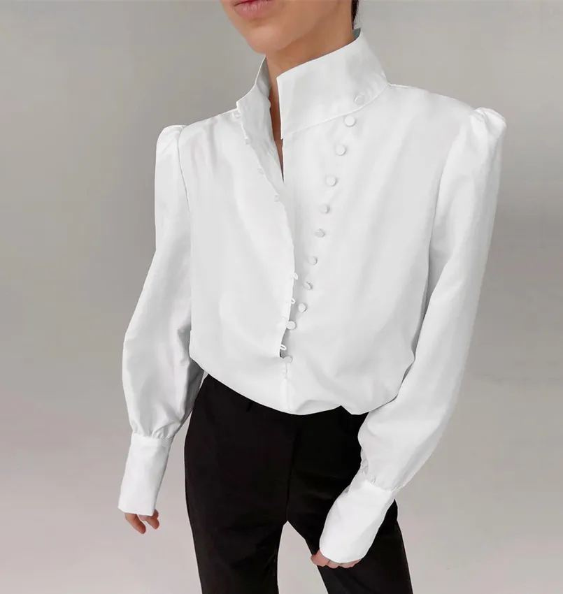 Elegant White Long Sleeve Blouse For Women Casual Solid