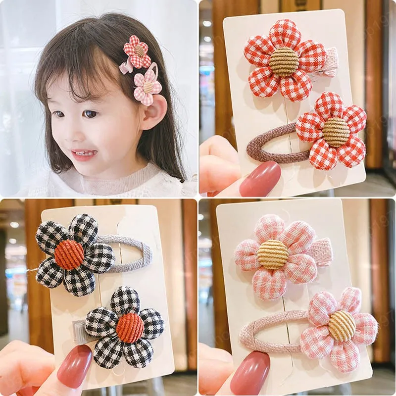 2 pcs/set Cute Children Girls Fabric Flowers Plaid Hair Clips Hair Accessories New Lovely Kids Headwear Hairgrips