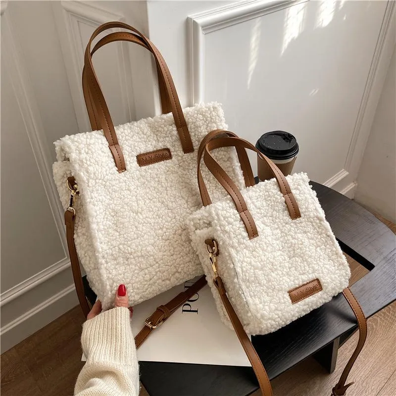 Borse da sera Borsa a tracolla da donna in peluche di agnello moda invernale Borsa da donna grande ad alta capacità per messenger femminile solido casual