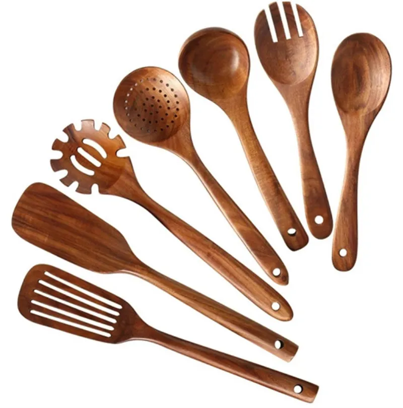 Natural Teak Wood Cooking Utensils Colher Colher Rice Colander Sopa Skimmer Cook Spoons Scoop Scoop Kitchen Tool