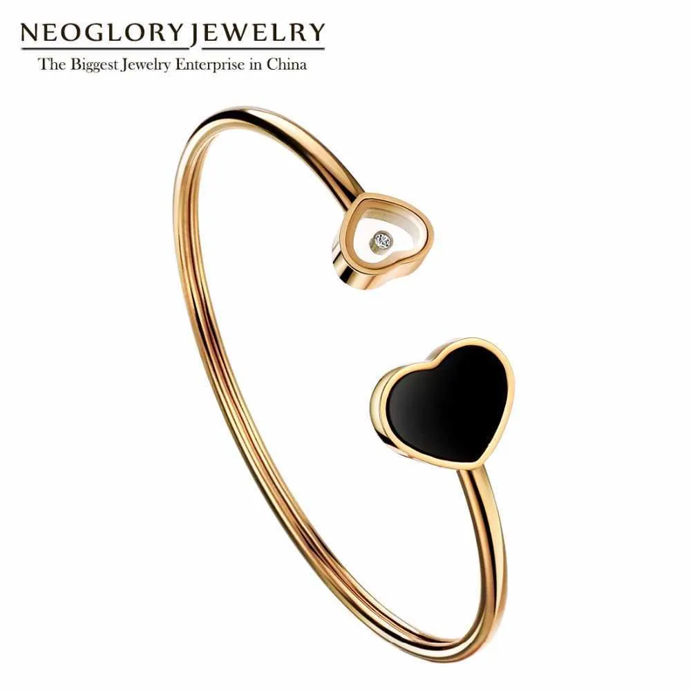 Neoglory Stainless Steel Love Heart Rose Gold Color Bangles & Bracelets for Women Jewelry Gift Brand Jewelry Q0717