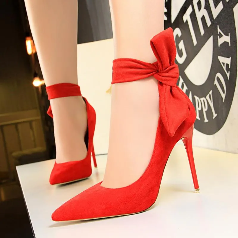 Dress Shoes Red Bowknot Fashion Design Women's High Heel Pumps Summer Flock Party Wedding Stiletto 10.5cm Thin Heels