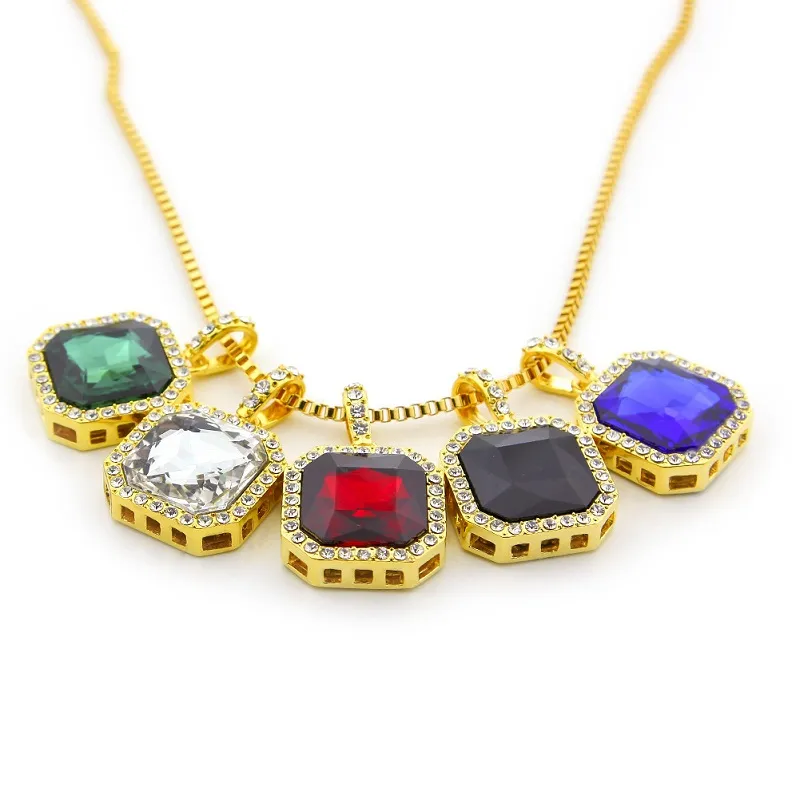 Mens Square Ruby Pendant Necklace Gold Box Chain For Men Fashion Hip Hop Necklaces Jewelry