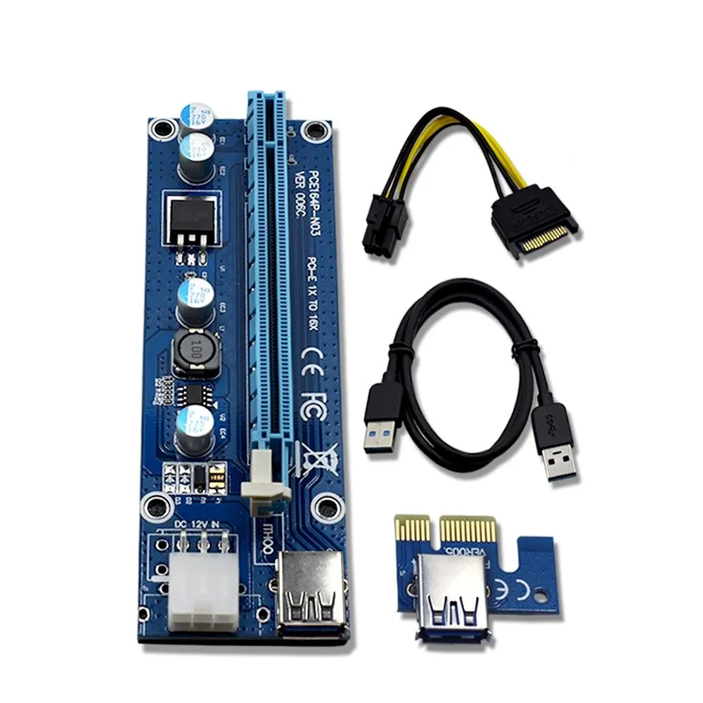 RISER VER 006C PCIE RISER 6PIN 16X ل BTC التعدين مع بطاقة الصمام LED مع كابل الطاقة SATA و 60 سم جودة USB