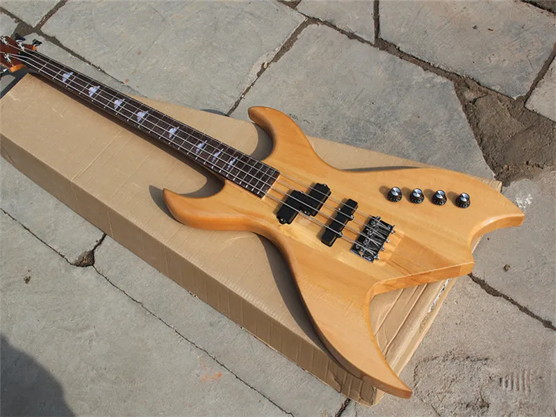 Guitare basse électrique de couleur bois naturel personnalisée en usine avec 4 cordes, micros actifs, corps traversant, fournir des services personnalisés