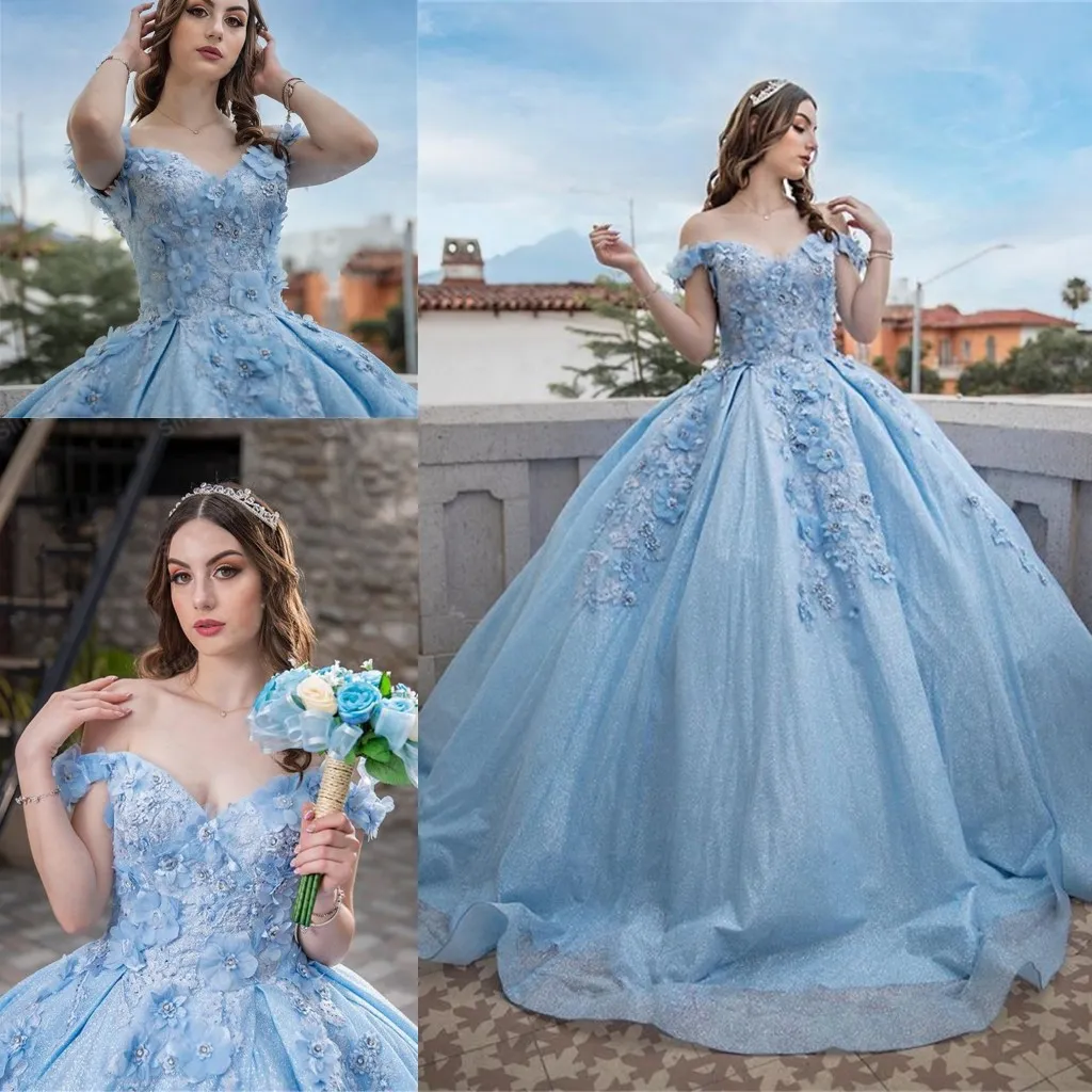 2023 Glitzer-Tüll-Quinceanera-Kleider, florale 3D-Blumen, Applikationen mit Kristallperlen, schulterfrei, Korsett-Rücken, Sweet-16-Kleid, Abschluss-Festzug-Kleider, lang