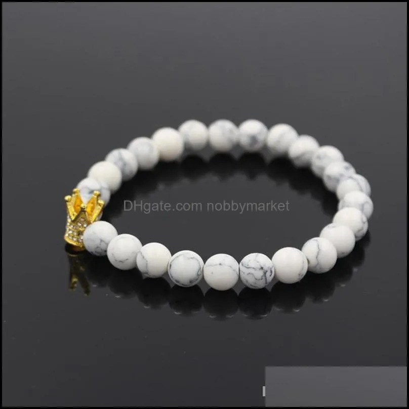 White Howlite Stone Bead Bracelet Men`s Gold Color Micro Pave CZ Crown Charm Elstic Bracelets Pulseras Hombre