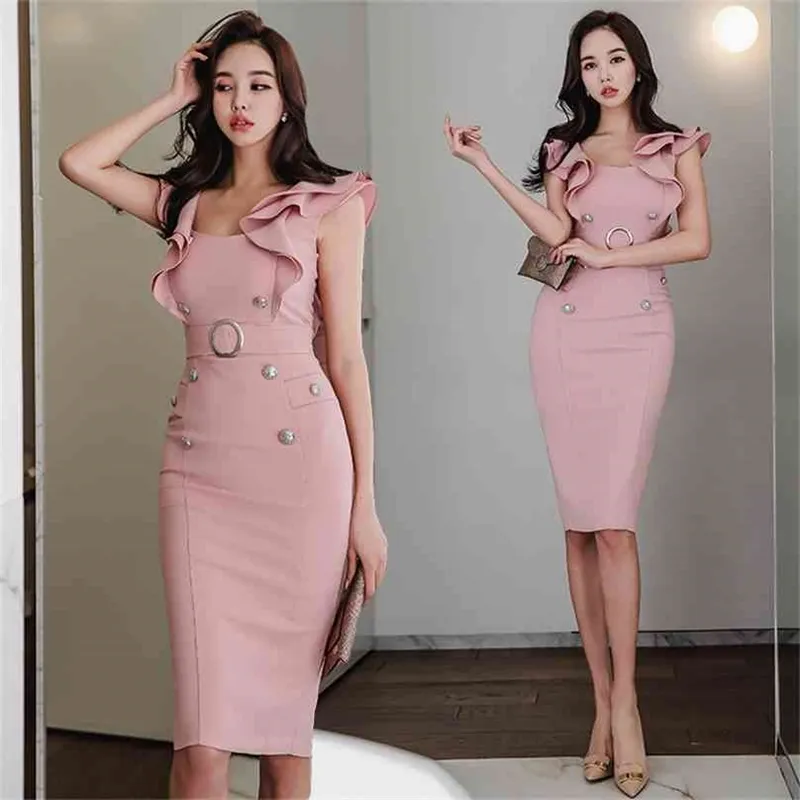 Rosa Sexy Korea Damen Sommer ärmellose Büro formelle Party Midi Kleider für Frauen Kleidung 210602