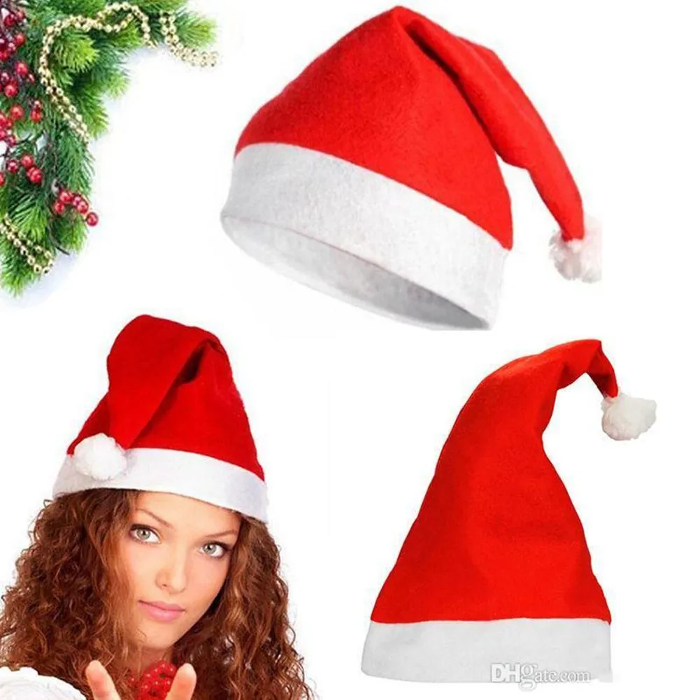 50 pcs vermelho Papai Noel chapéu ultra macio pelúcia christmas cosplay chapéus XMS Decoração adultos de festa de festa crianças ou adulto CHEZ Circunference tamanho 56-58cm