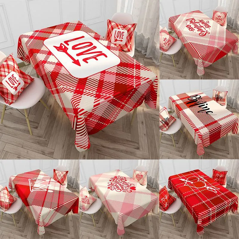 Valentine Table Cloth Waterproof Cotton and Linen Material Table Runner Red Pink Plaid Love Non-Slip Burlap Rectangle Tableclothes