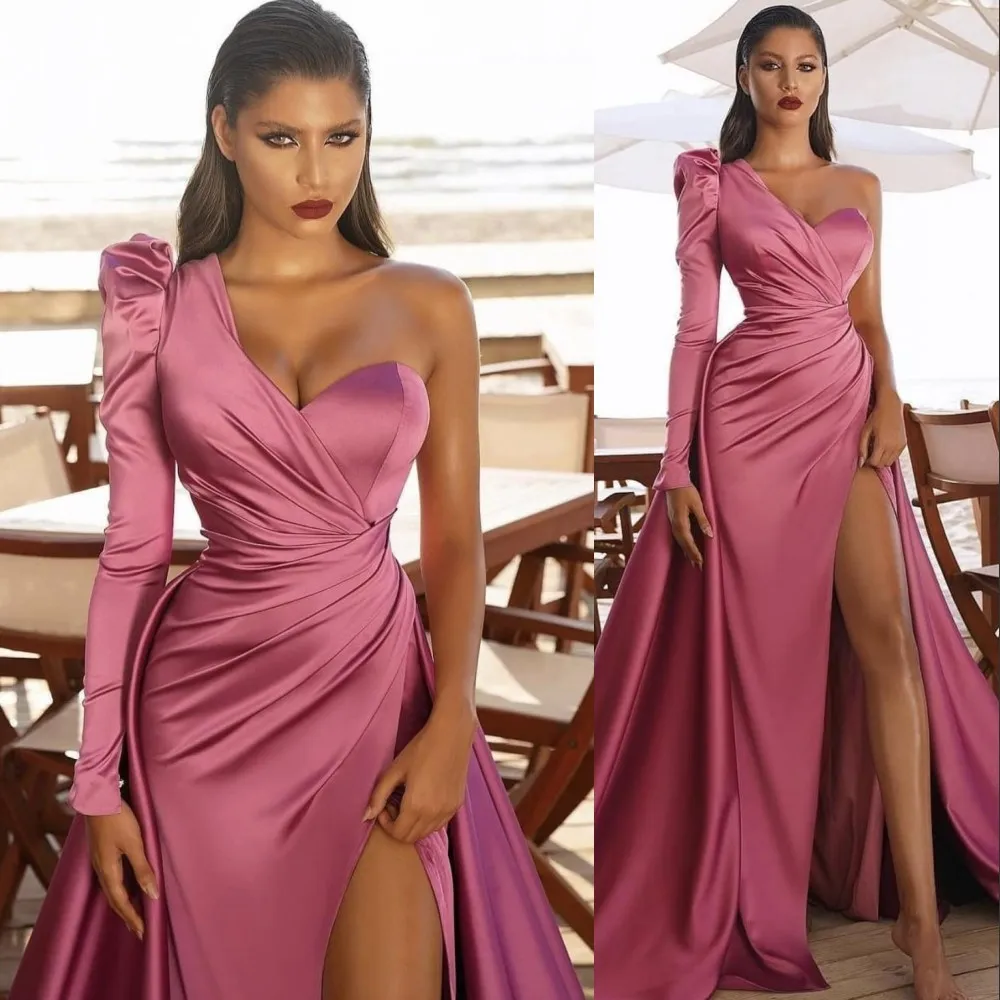 2021 сексуальный пыльный розовый вечерние платья одно плечо сатиновые боковые сплит ножна Дубай арабское вечеринка платье длиной до пола знаменитость выпускных платьев