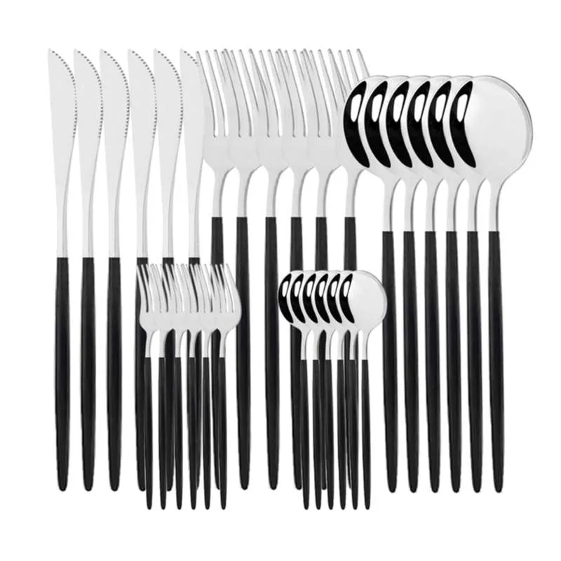 30 adet Siyah Gümüş Yemek Seti Paslanmaz Çelik Bıçak Kek Çatal Kaşık Çatal Mutfak Sofra Sofra Takımı Toptan 210928