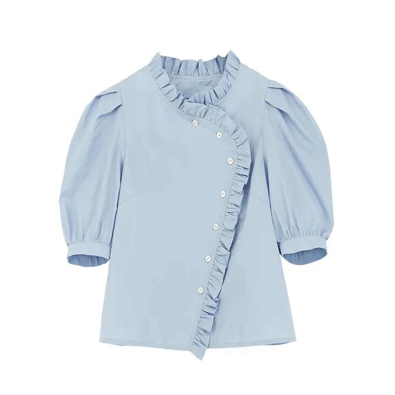 Beyaz Mavi Standı Yaka Katı Gömlek Puf Kısa Kollu Düğme Bluz Yaz Rahat Gevşek Kadın Fırfır B0558 210514