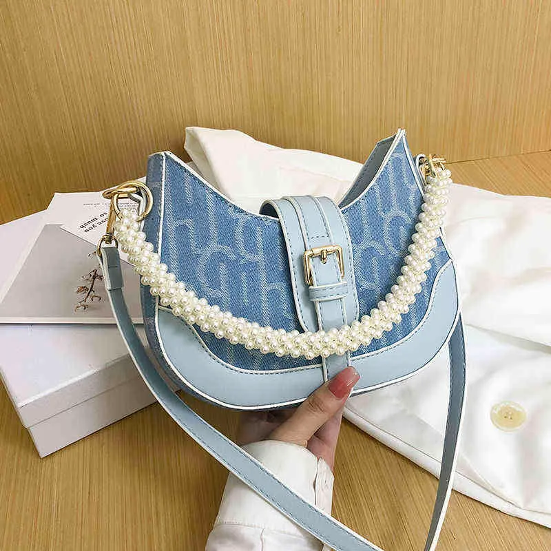 Shopping Bags Ladies Fashion Canvas Pearl Chain Dating Shoulder Handbag Underarm Rectangular Lock Courier Travel Mobile Purses Sac 220309