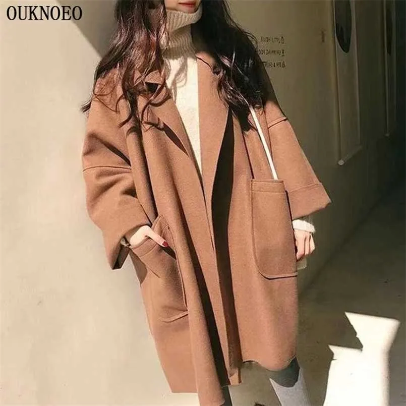 Kobieta Długi płaszcz Koreański Preppy Styl Długi Luźny Oversized Coat Solid Color Lapel Pokaż Cienkie Czarne Jesień Kobiety Cienkie Płaszcz 211104