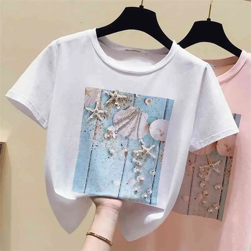 Pink Summer T shirt Women Tops White T Korean Clothes Short Sleeve Casual Purple Sequins Diamond Tee Femme 210623