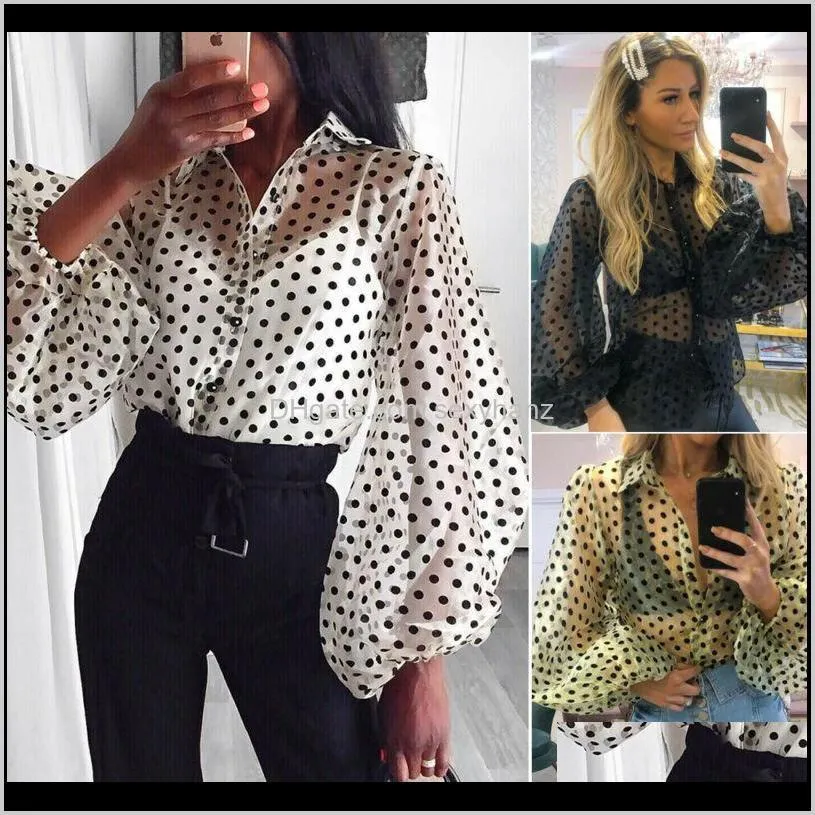 2019 fashion dots blouse women sexy sheer polka dot organza blouse top perspective puff sleeve blusas women shirts ejqs#